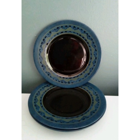 Arcoroc Regence Dinner Plates Set of Blue Brown Geometric Design